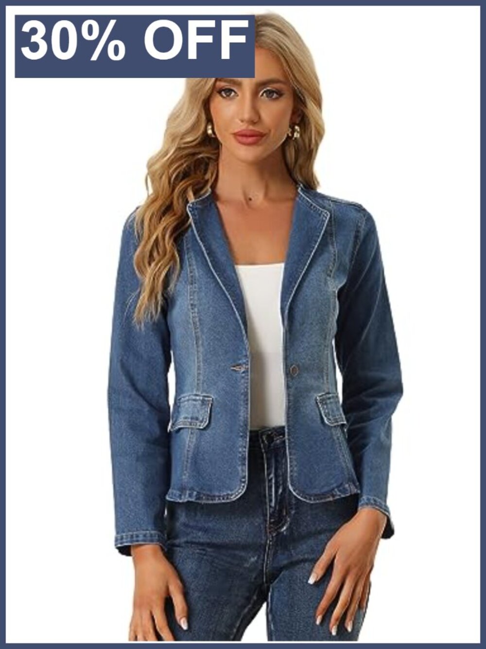 Womens Fitted One Button Denim Blazer Crop Jean Jacket Notched Lapel